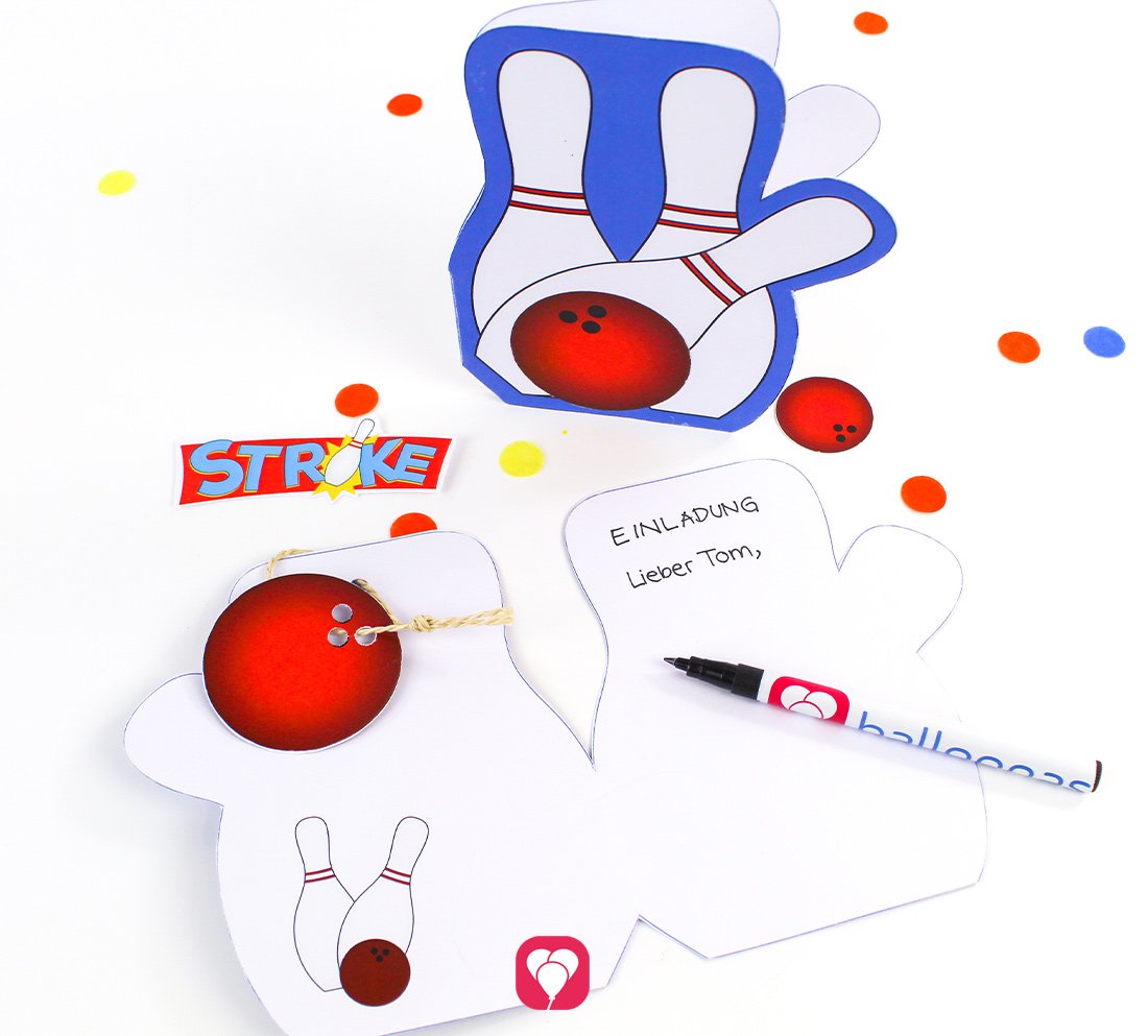 Die aufgeklappte Einladungskarte im balloonas Bowling Design.