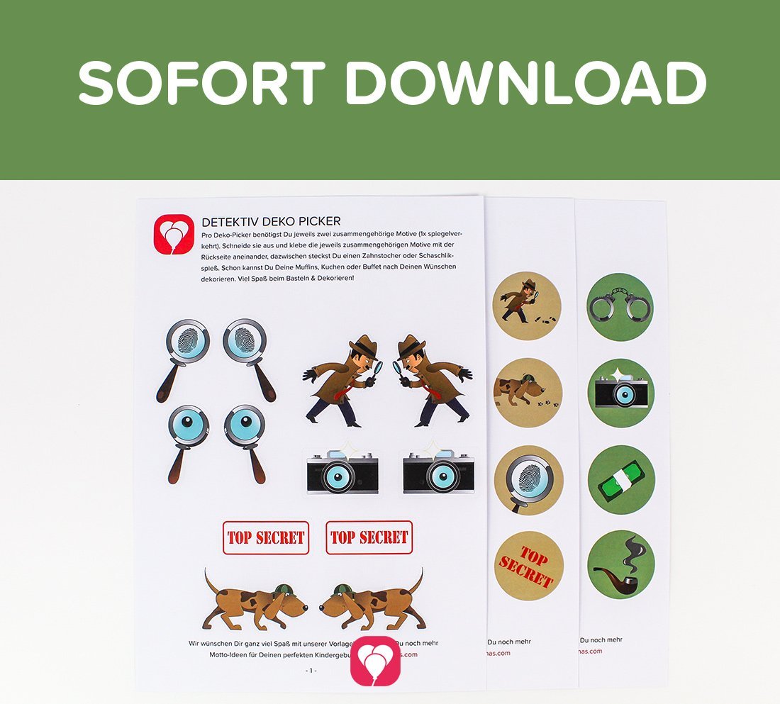 Die ausgedruckte Vorlage für die balloonas Detektiv Deko Picker mit insgesamt 22 Motiven.