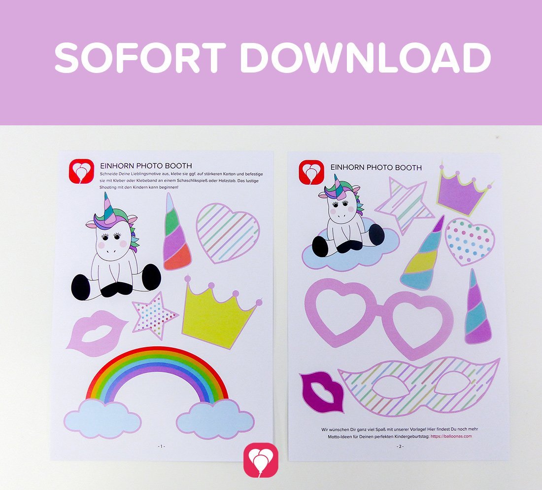 Ausgedruckte Anleitung für die Bastelvorlage von balloonas für "Einhorn Photo Booth".