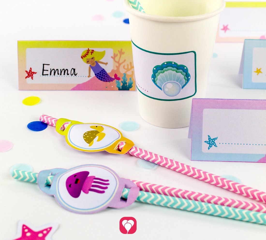 Meerjungfrau Tischkarten und Strohhalm Deko