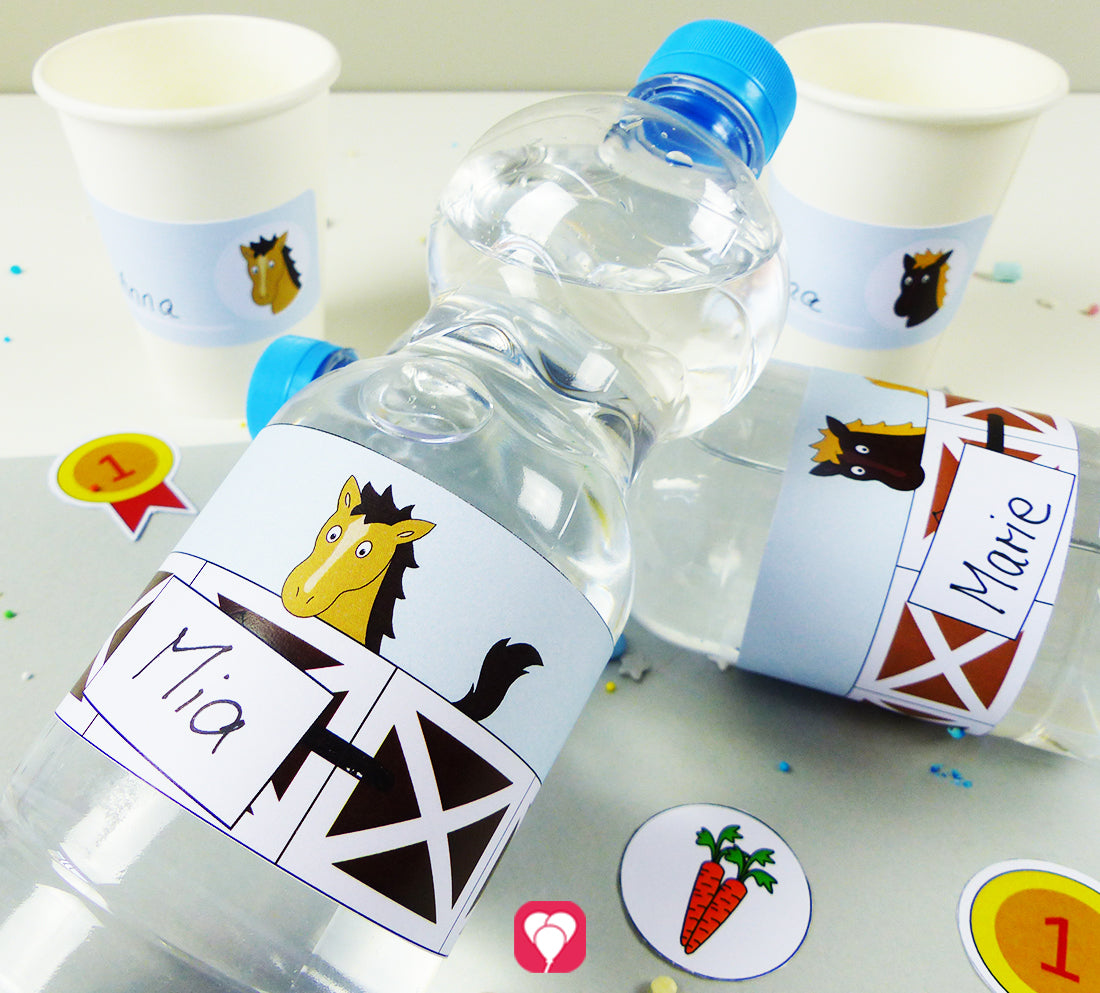 Zwei Wasserflaschen, versehen mit den Do-it-yourself Flaschenetiketten von der Bastelvorlage "Pferde Geburtstag" von balloonas. Die Flaschenetiketten wurden handschriftlich mit den Namen "Mia" und "Marie" beschriftet.