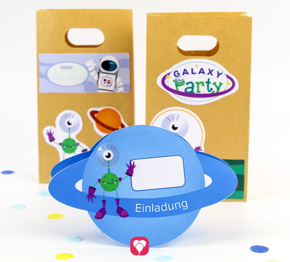 Das komplette balloonas Weltraum Geburtstag Set inklusive DIY Einladungskarten und Weltraum Gechenkaufkleber.