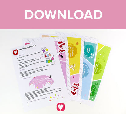 Ausdrucke der Vorlage für das balloonas Beauty Party Spiel "Dreh den Nagellack" mit dem Titel "Download".