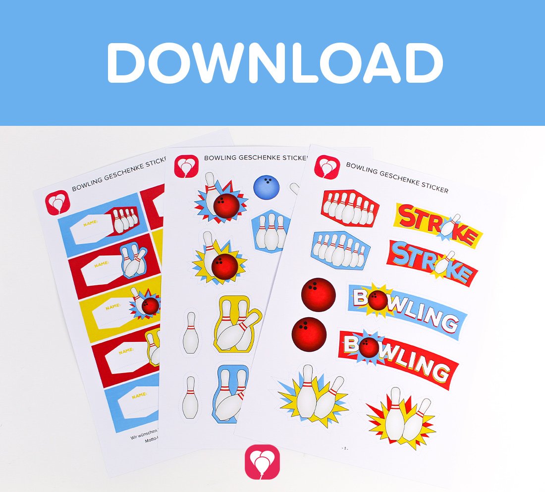 Die ausgedruckte Vorlage für die balloonas Bowling Geschenkaufkleber mit dem Titel "Download".