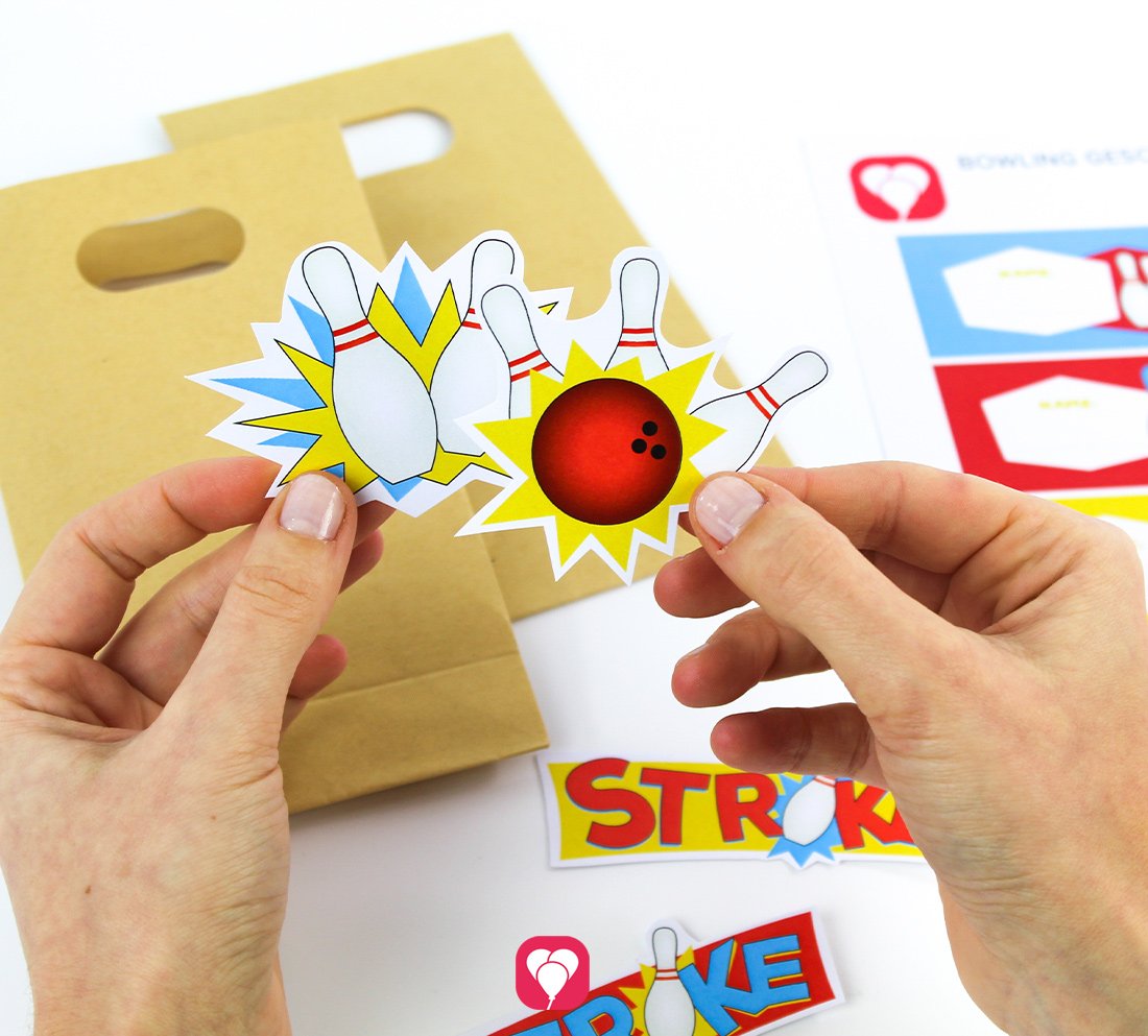Verschiedene Sticker im Design der balloonas Bowling Geschenkaufkleber.