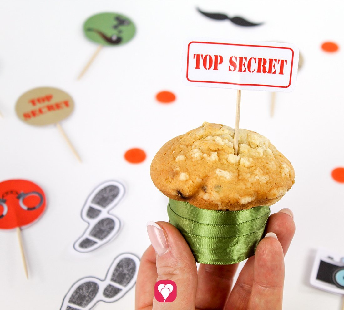 Balloonas Detektiv Deko Picker mit verschiedenen Motiven rund um das Thema Detektiv und Agent für die Dekoration von Muffins.