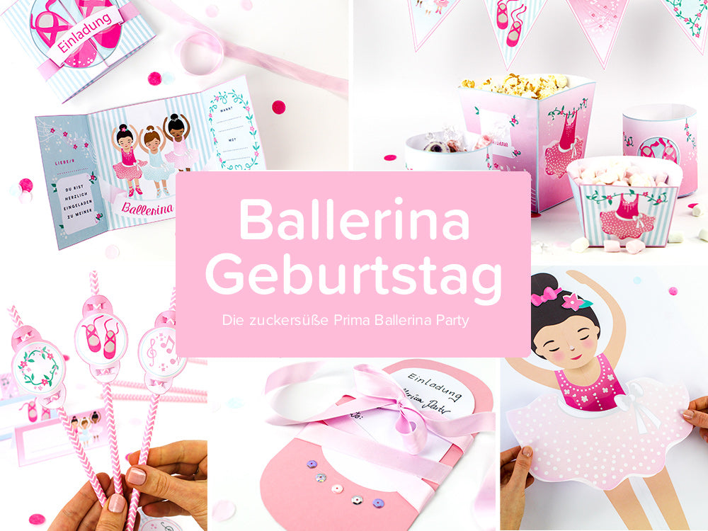 Eine Bildercollage mit balloonas Produkten rund um den Ballerina Geburtstag.
