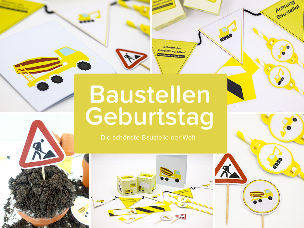 Eine Collage mit Produktbildern zum balloonas Motto Baustellen Geburtstag.