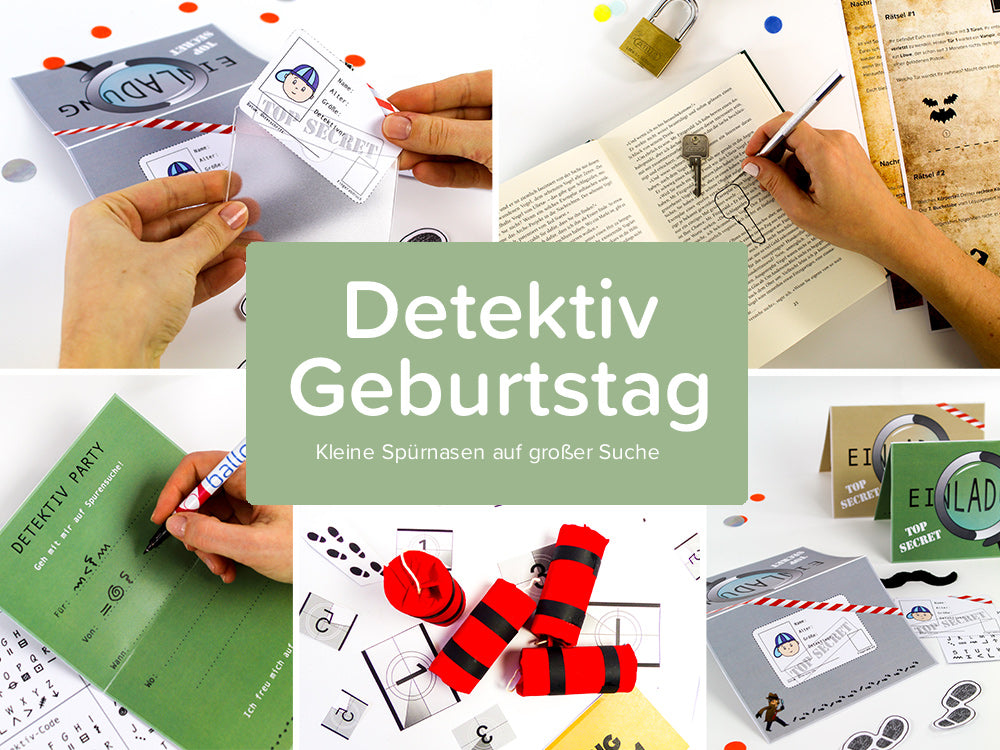 Bildercollage mit fünf verschiedenen Produkten vom balloonas Motto Detektiv Geburtstag.