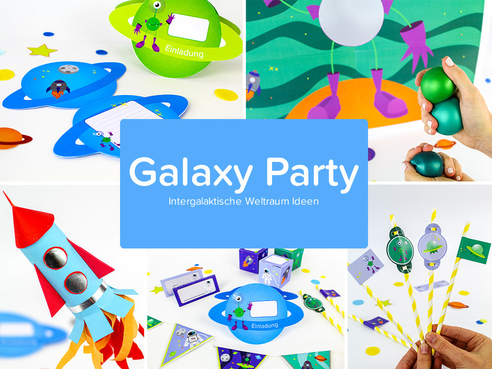 Bildercollage zum Motto "Galaxy Party" mit Text: Intergalaktische Weltraum Ideen. Um die blaue Box mit Text sind verschiedene balloonas DIY Produkte zum Motto "Weltraum".