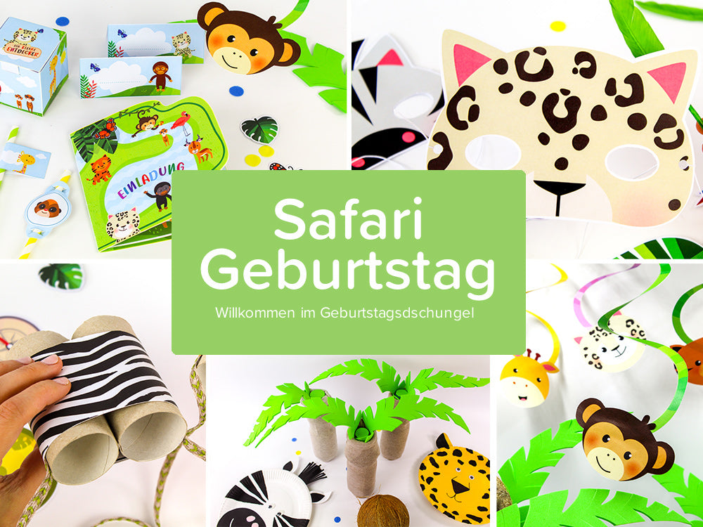 Bildercollage mit balloonas Produkten rund um den Safari Geburtstag.