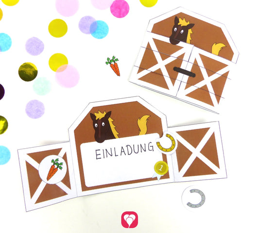 DIY Einladungskarte für einen Pferde Kindergeburtstag. Die Karte lässt sich wie ein Pferdestall öffnen. In der Innenseite ist Platz für einen individuellen Einladungstext.