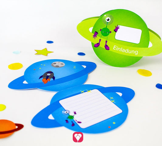 Die balloonas Weltraum Einladungskarten in zwei verschiedenen Farben.