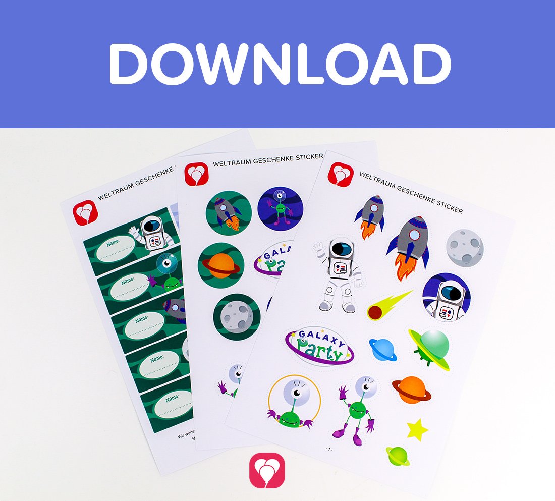 Die ausgedruckte Vorlage für alle Motive der balloonas Weltraum Geschnekaufkleber mit dem Titel "Download".